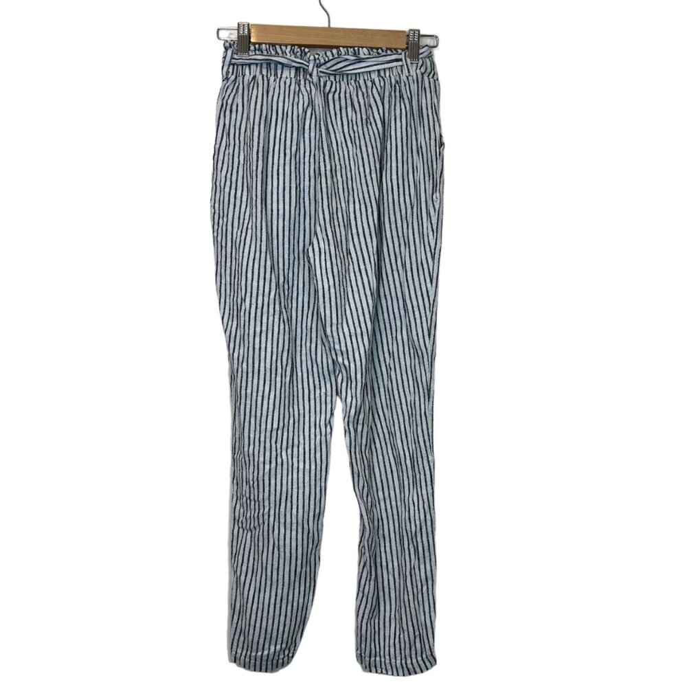 ANTI BLUE Pants S Linen Blend Striped Cropped Blue White Pullon Size Small - Picture 2 of 8